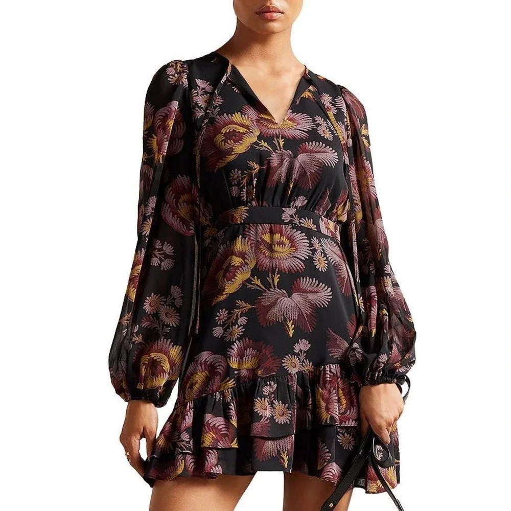 NWT TED BAKER Piara Ruffle Asymmetric Mini Dress - Floral Long-Sleeve Flouncy - Picture 1 of 8